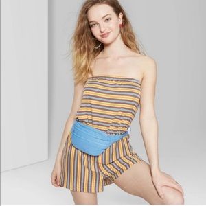 yellow striped strapless jumpsuit